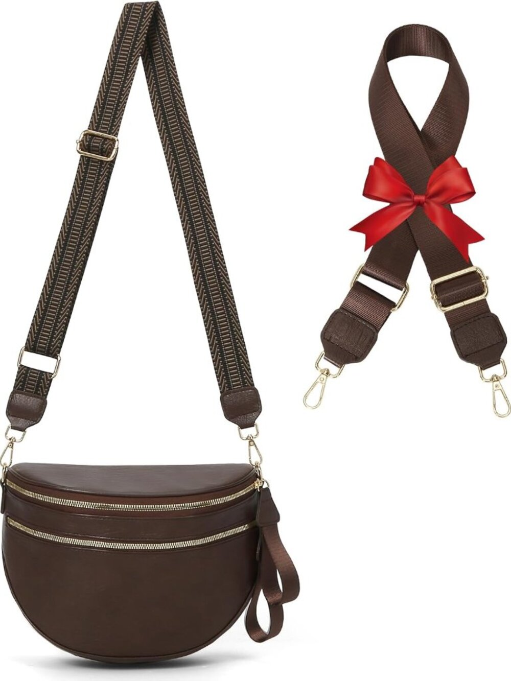 Leather Crossbody Fanny Pack Trendy Bum Bag Double Zip Multi Compartment with 2